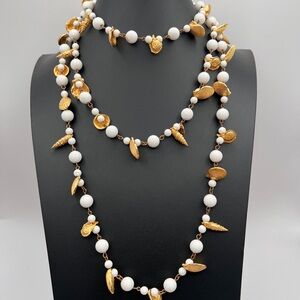 LES BERNARD Vintage Gold Gilt Shell and White Beaded Necklace